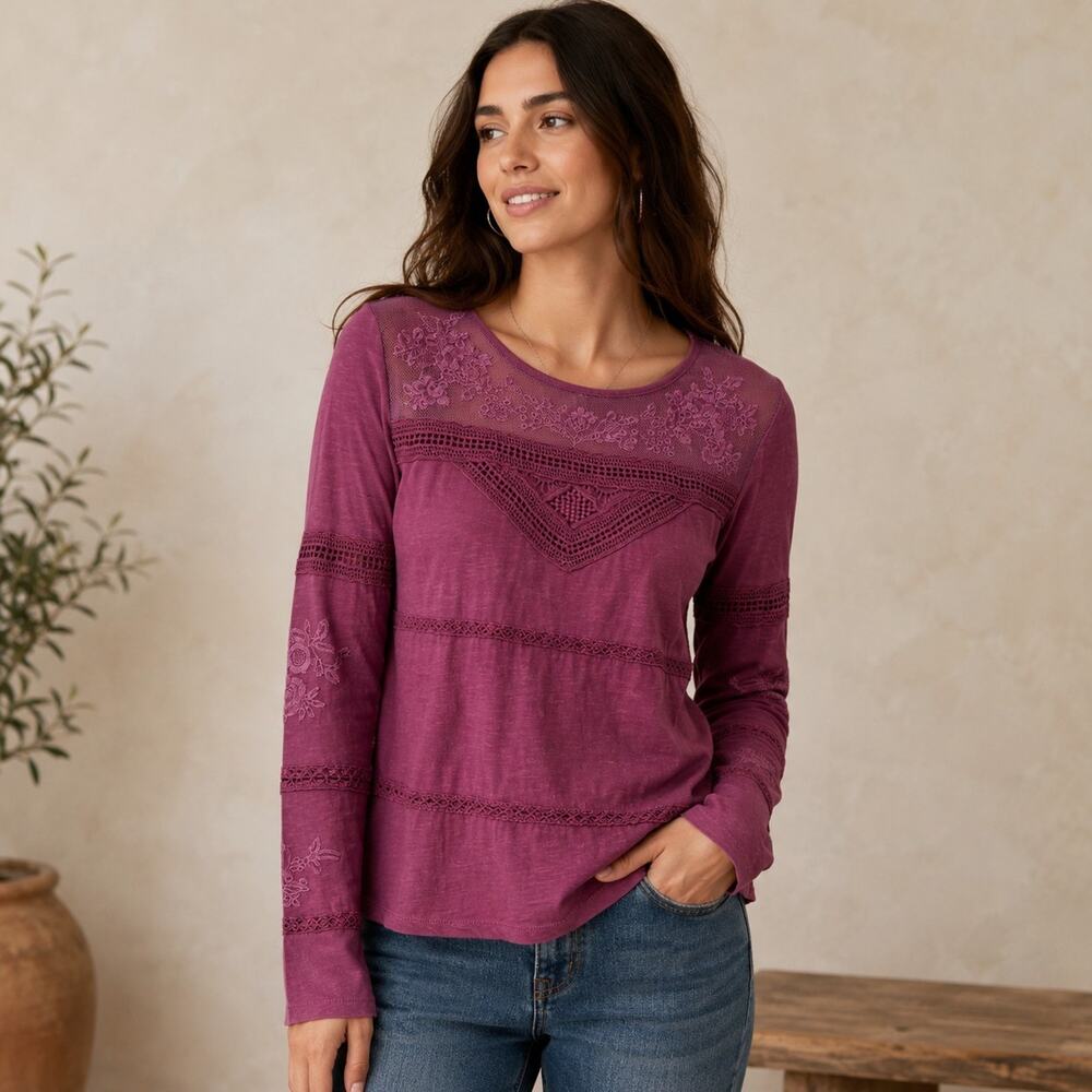 Sundance Women’s M Plum Purple Lace Embroidered Long Sleeve Boho Top Cotton
